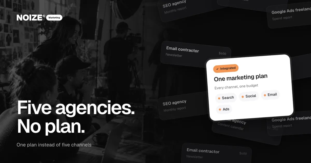 A wall of separate agency invoices for SEO, social, ads, email and video, with a white One marketing plan card.
